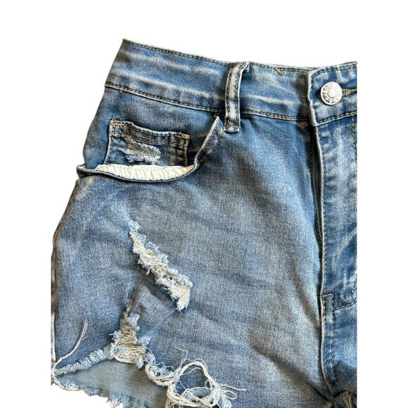 Shein Distressed Jean Shorts Medium Blue Cutoff Raw Hem High Rise Denim Summer - Picture 6 of 6